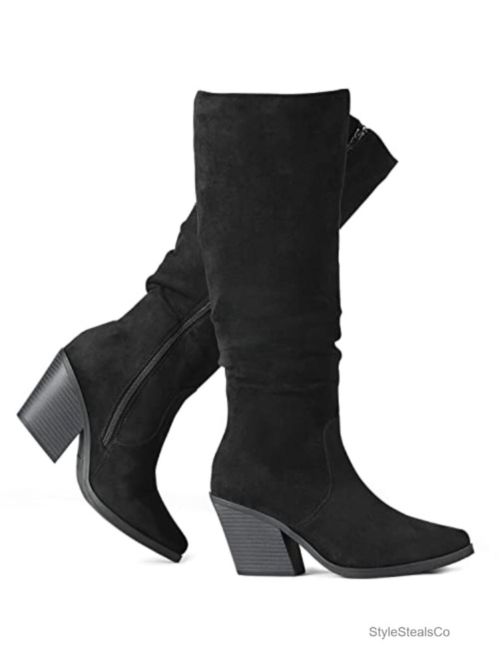 Women's Faux Suede Knee High Slouch Boots Chunky Cuban Heel Side Zip Tall